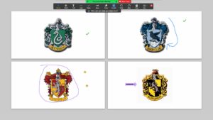 annotation example in Zoom. Showing the four houses of Hogwarts and people choosing their house.